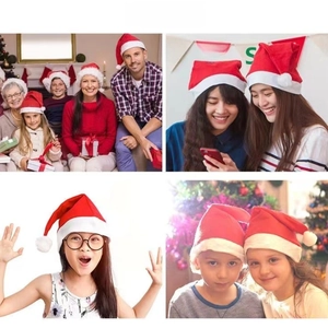 Family wearing festive red non-woven Christmas hats for holiday party decoration