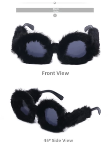 Front and 45-degree side views of round sunglasses with plush black faux fur trim
