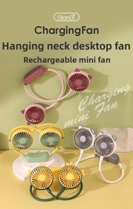 Close-up of portable neck fans in pastel colors with flexible neckband and cute ears