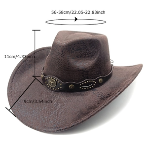 Brown wide brim western cowboy hat with bull head emblem and snake skin texture