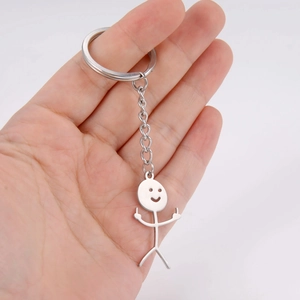 Detailed view of creative stainless steel stickman keychain with a smiling face pendant