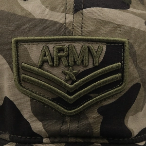 Close-up of ARMY embroidery and star patch on camouflage military baseball cap