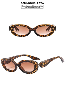 Detail of tortoiseshell oval sunglasses featuring brown lenses and metal hinge accents