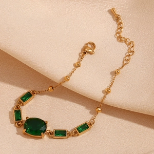 Elegant 18K gold plated stainless steel bracelet with oval green stone and rectangular zircons