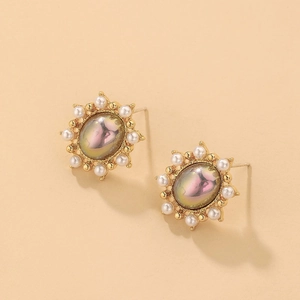 Vintage Oval Stud Earrings Alloy Faux Artificial Pearl Iridescent Stone With 925 Sterling Silver Earring Post Women Elegant