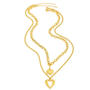 Double-layered golden stainless steel necklace with hollow and solid heart-shaped pendants
