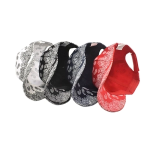 Detail showing paisley baseball caps in black, white, navy and red with adjustable straps