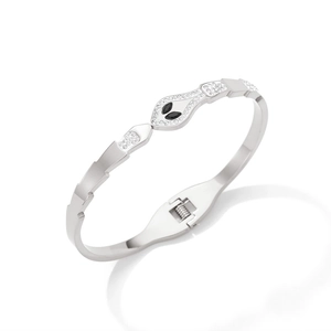 Silver snake-shaped adjustable cuff bracelet with white zircon and black gemstone eyes