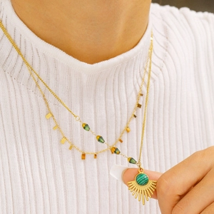 Stainless Steel Necklace 18K Gold Plated Asymmetrical Sunburst Fan Pendant Green Malachite Layered Vintage Jewelry Women