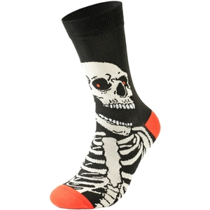 Detailed close-up of knitted crew socks featuring white skeleton skull and red accent patterns