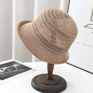 Sombrero de Pescador de Punto Calado para Mujer Estilo Japonés Con 50% Lino Poliéster Viscosa Plegable Transpirable Borde Enrollado Verano