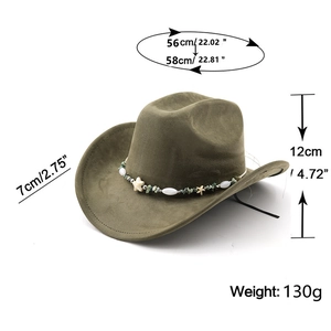 Size guide for army green suede cowboy hat with beaded ethnic decorative band