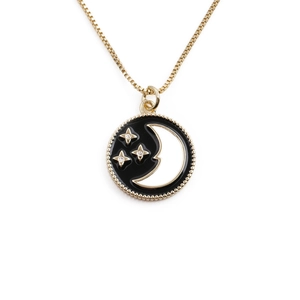 Crescent Moon Star Round Pendant Necklace Copper Black Enamel Celestial Gold Plated Box Chain Zircon Inlay Jewelry