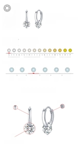Infographic showing S925 silver moissanite earrings with 1ct D-color VVS1 clarity charts