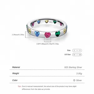 S925 Sterling Silber Ring mit bunten herzförmigen Zirkonia-Steinen in polierter Schiene