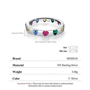 S925 sterling silver ring featuring colorful heart-shaped zircon stones in a polished band