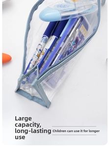 Detail of a large capacity clear PVC pencil case showing stationery storage and blue zipper