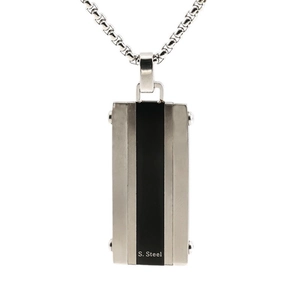 Hip hop style stainless steel rectangular pendant necklace with black inlay design