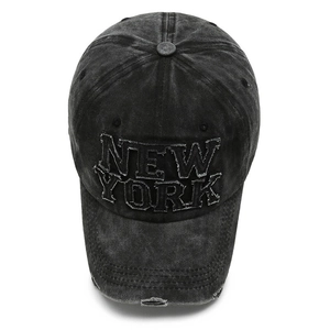 Distressed dark gray washed cotton baseball cap with New York embroidery and ripped brim