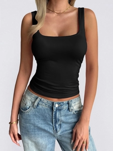 Close-up detail of a black Y2K square neck sleeveless tank top on a female model