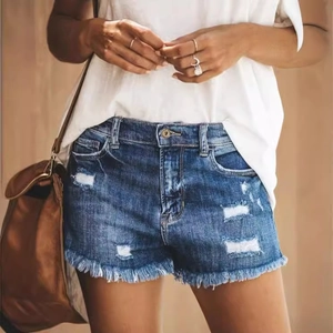 Damen Denim Shorts High Waist Zerrissene Distressed Fransen Saum Baumwolle Gewaschen Casual Mode Streetwear Jeans Shorts