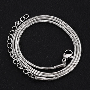 Vue macro du collier chaîne serpent argentée avec fermoir mousqueton et maillons d'extension