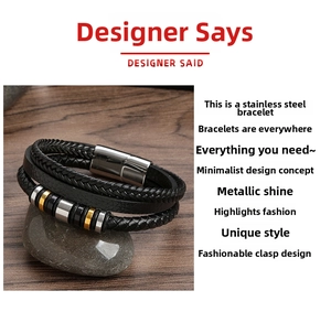 Detail eines mehrlagigen geflochtenen Lederarmbands mit Edelstahl-Magnetverschluss und Ringen