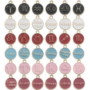 Round Zodiac Constellation Charms Enamel Alloy Pendants For DIY Jewelry Making Gold Border Colorful