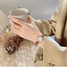 Detail of luxury gold watch with brown leather strap and roman numerals on shell dial