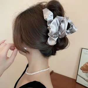Elegant silver grey satin cloud hair claw clip for bun hairstyles with French style charm