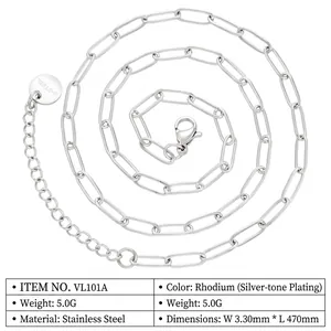 Polished stainless steel paperclip chain necklace with lobster clasp and extension in rhodium