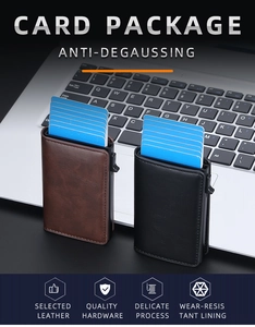 Detail of crazy horse leather RFID blocking card holder wallet with side push button mechanism