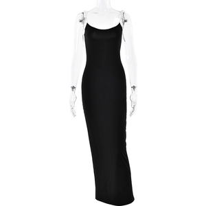 Slim fit black sleeveless bodycon maxi dress with thin straps on invisible mannequin