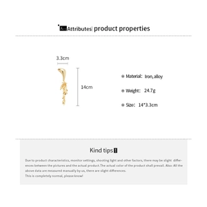 Detailed size chart of gold tassel brooch showing 14cm length and iron alloy material