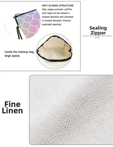 Detail of mermaid scale makeup bag featuring fine linen fabric and anti-slip alloy zipper