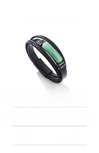 Detail view of woven PU leather bracelet for men featuring a green natural stone inlay