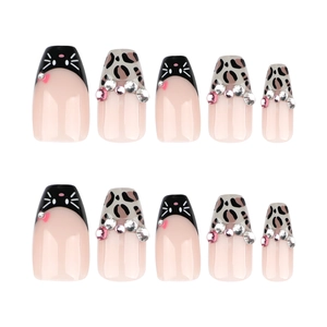 French leopard print and black cat press-on nails set with sparkling rhinestones decoration