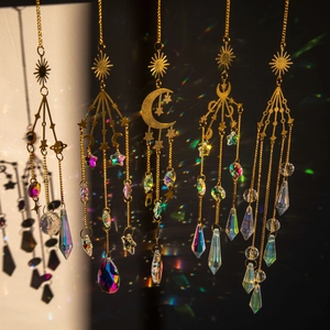 Crystal Suncatcher Wind Chime Hanging Decoration Golden Metal Celestial Sun Moon Star Rainbow Maker For Window Home Garden