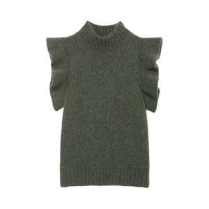 Sleeveless dark grey-green knit top with high neck and ruffle shoulder details on plain background