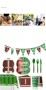 Detail of football party tableware set with thick paper plates and green cutlery
