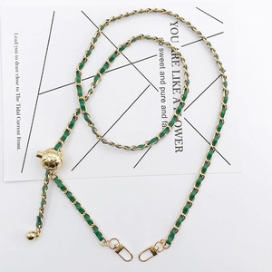 Adjustable green leather and gold chain strap with ball buckle and lobster clasps