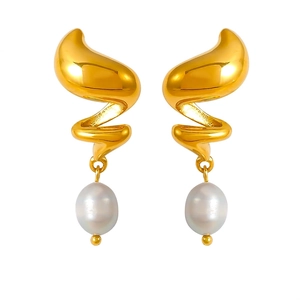 Orecchini A Goccia A Spirale Acciaio Inossidabile Placcato Oro 18K Perla D'acqua Dolce Vintage Francese Elegante Per Donne