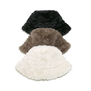 Thick faux fur bucket hats with wavy texture in black, tan and cream white for winter