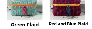 Detail of quilted cosmetic bags in green and red check patterns with colorful zippers