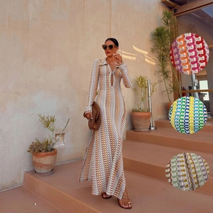 Women Crochet Maxi Dress Knitted Hollow Geometric Pattern Long Sleeve V Neck Side Slit Bohemian Resort Beach Wear
