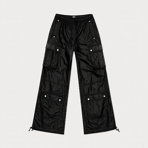 Black nylon cargo pants with multi-pockets, adjustable drawstring waist and leg openings
