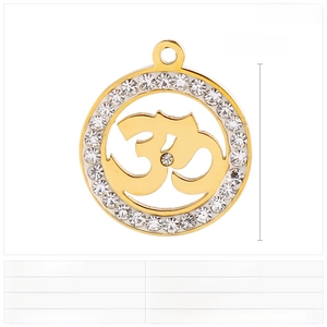20mm gold stainless steel Om pendant with cubic zirconia details and 3g weight specifications