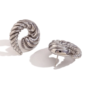 Polished silver stainless steel spiral stud earrings with unique whirlwind texture