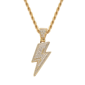 Collier hip hop avec pendentif éclair bicolore serti de zircons brillants pour hommes