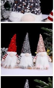 Close-up of three sequined Christmas gnomes in red, grey, and pink festive colors